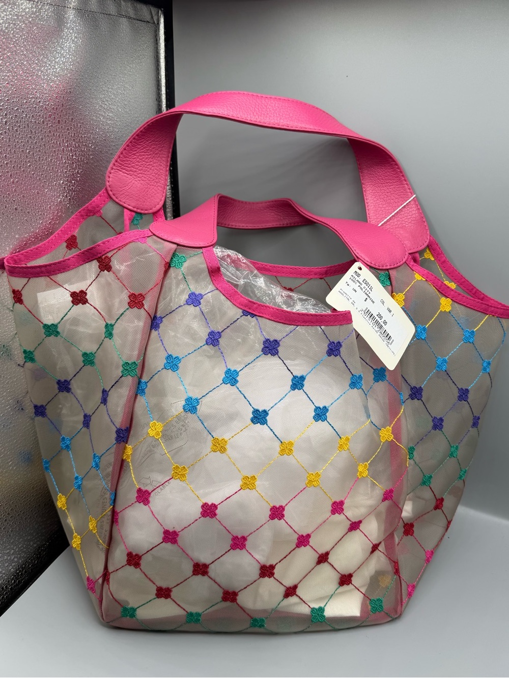 Cruciani Pink Transparent Tote with Multicolor Embroidered Lattice